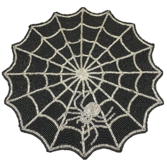 x4 Nicole Miller Halloween Silver Spider Beaded Placemat Set Spiderweb Black 15" - Picture 2 of 8